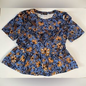 ZARA small blue floral print Ruffle bib peplum jersey knit top